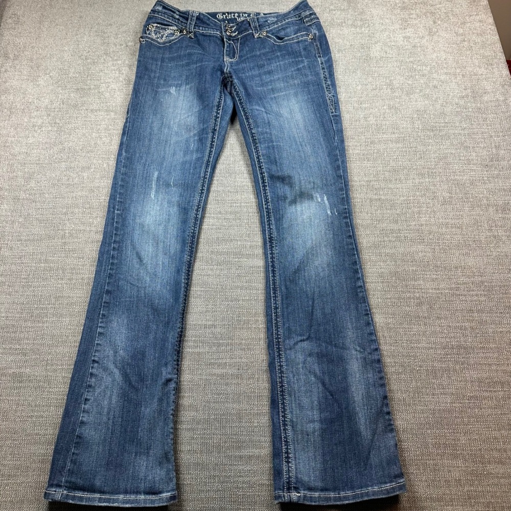 Grace in LA Bootcut Jeans Womens 9 Blue  Embellished‎ Flap Pocket Western